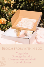 Load image into Gallery viewer, Blooming ritual gift box has been consciously created to inspire and empower you, curated-gifts, self-love, yoga mat, breathing exercises, inner-peace, crystals, essential oils, slow-living, travel-friendly, Gym Enthusiast, Yoga, Pilates, Fitness Fanatic, High-End, Sacred Circus, Eco-friendly, grounding.