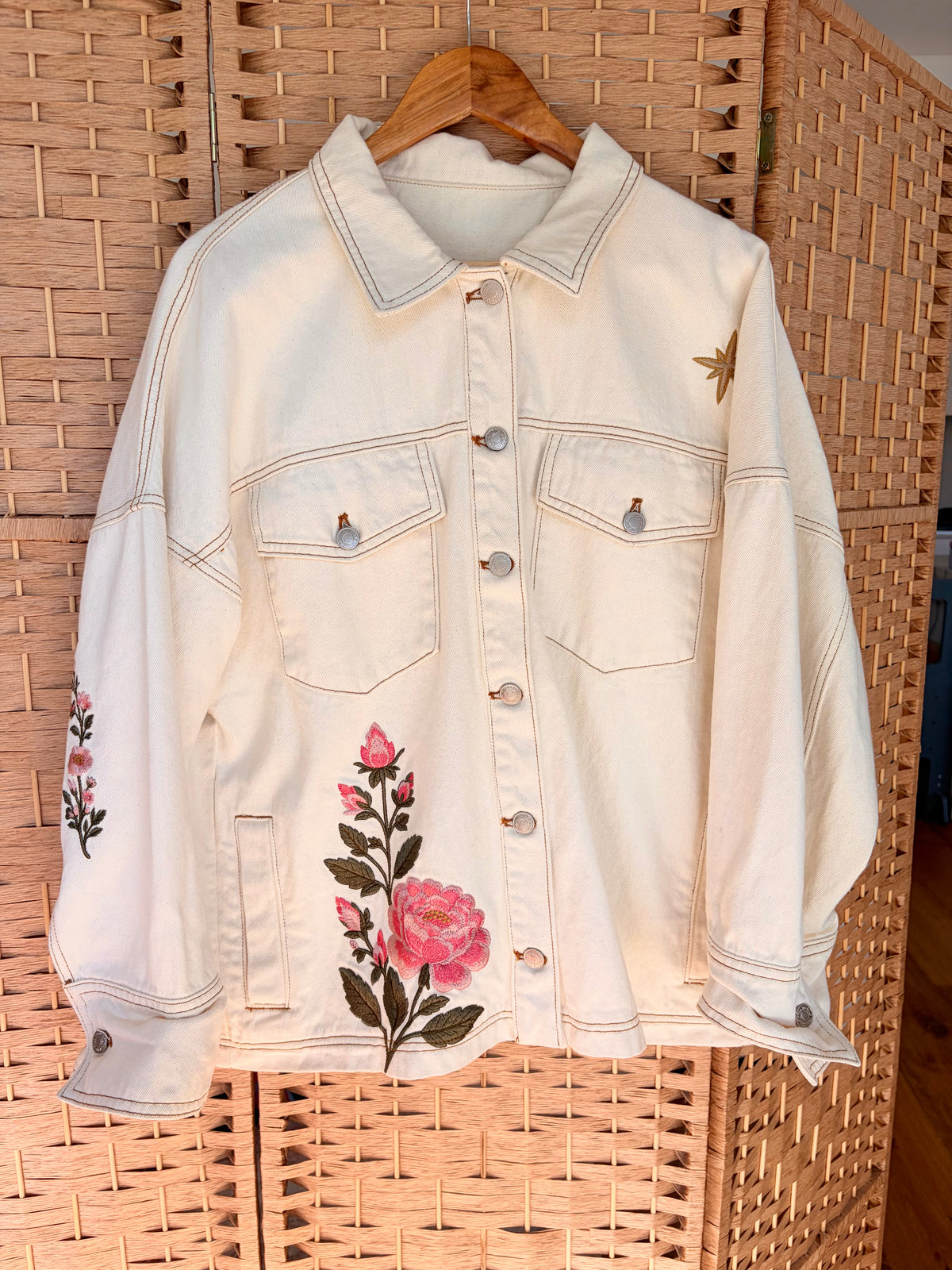 Luna Rose Embroidered Denim Jacket ~ Washed Ivory