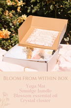 Load image into Gallery viewer, Blooming ritual gift box has been consciously created to inspire and empower you, curated-gifts, self-love, yoga mat, breathing exercises, inner-peace, crystals, essential oils, slow-living, travel-friendly, Gym Enthusiast, Yoga, Pilates, Fitness Fanatic, High-End, Sacred Circus, Eco-friendly, grounding. 
