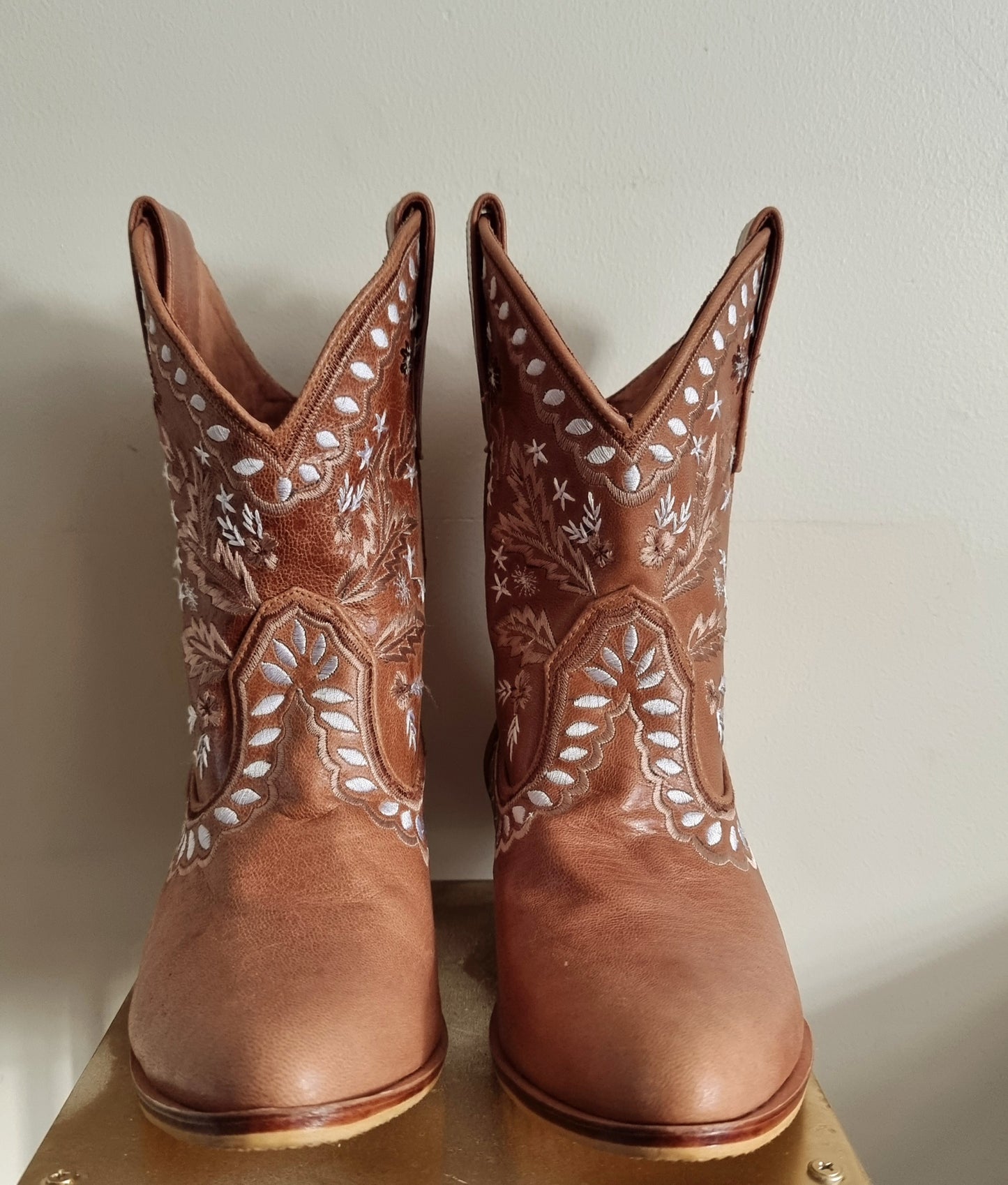 Wide ankle slip on western style boot, true to size, hand embroidered, brown, comfortable, shop for a cause, support SMEs, love local,  Sacred Circus, high-quality. 