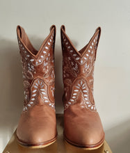 Load image into Gallery viewer, Wide ankle slip on western style boot, true to size, hand embroidered, brown, comfortable, shop for a cause, support SMEs, love local,  Sacred Circus, high-quality. 
