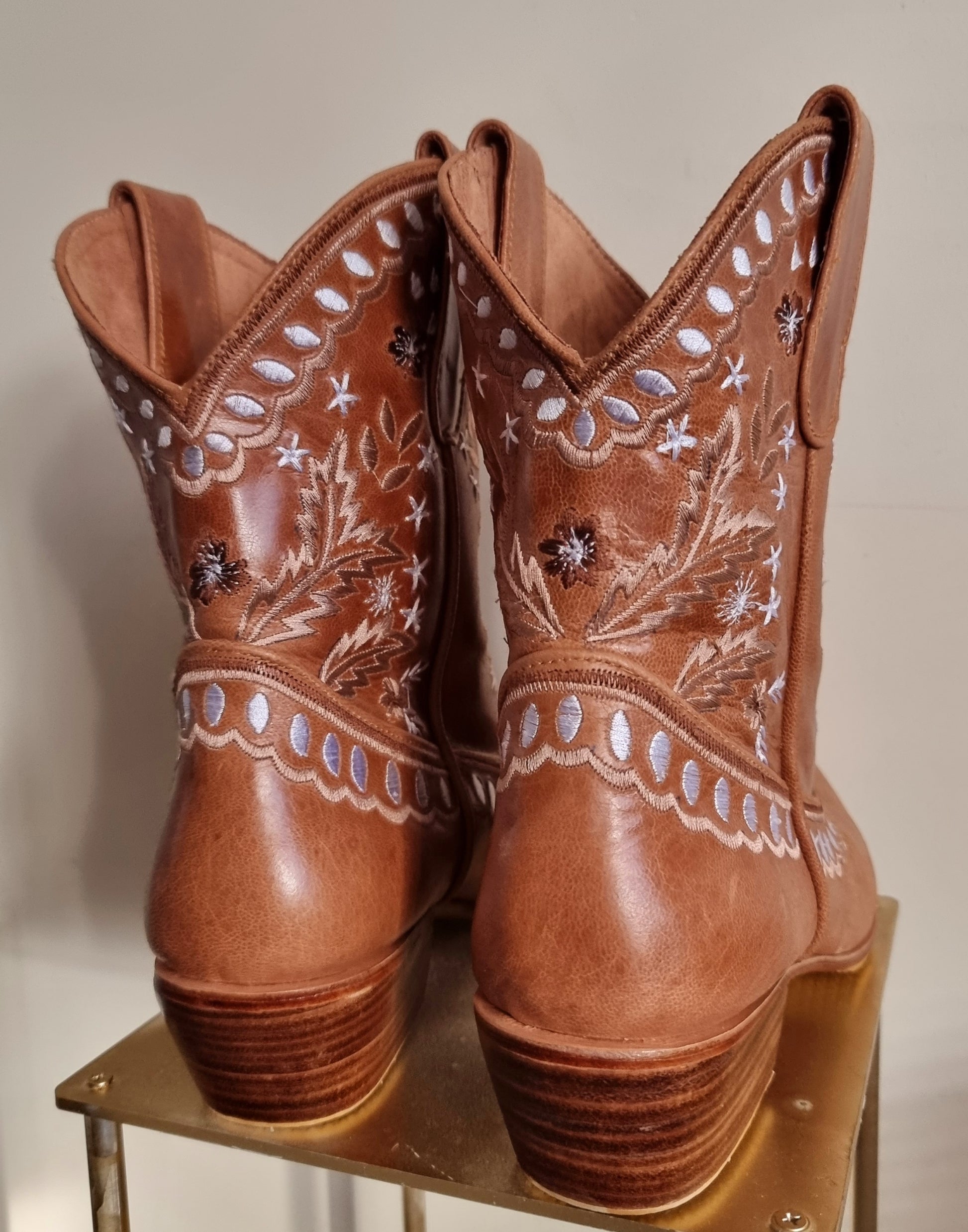 Wide ankle slip on western style boot, true to size, hand embroidered, brown, comfortable, shop for a cause, support SMEs, love local,  Sacred Circus, high-quality. 