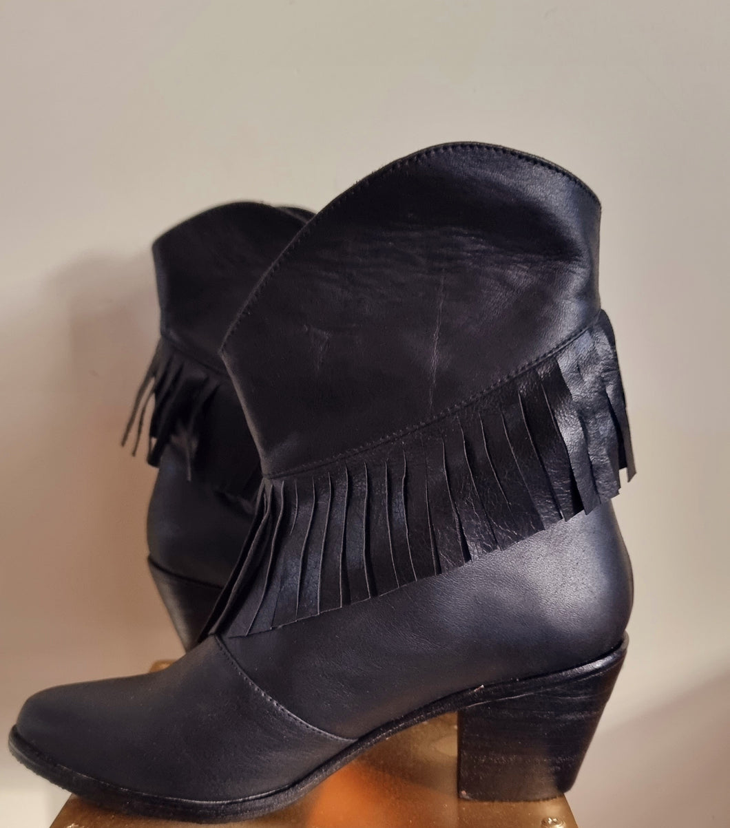 Fringed Midnight Boots, Ankle Boots, Alluring Fringed Detailing, Handmade in Bali, Western Style,  Pre- order, Shop for a Cause, Support SMEs, Love Local, Sustainable Fashion, Sacred Circus, Black, Comfort, Stylish, Luxe, Staple in Every Fashion, Extra Edge, High-end, Premium, Adventure, Statement , Footwear, Sturdy, Leather material.