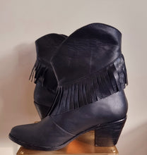 Load image into Gallery viewer, Fringed Midnight Boots, Ankle Boots, Alluring Fringed Detailing, Handmade in Bali, Western Style,  Pre- order, Shop for a Cause, Support SMEs, Love Local, Sustainable Fashion, Sacred Circus, Black, Comfort, Stylish, Luxe, Staple in Every Fashion, Extra Edge, High-end, Premium, Adventure, Statement , Footwear, Sturdy, Leather material.
