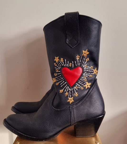 Montague Boots, Mid calf boots, Easy slide on, Handmade in Bali, Western Style, Pre- order, Shop for a Cause, Support SMEs, Love Local Sustainable Fashion, Sacred Circus, Black, Inspired by the star crossed lovers of Romeo and Juliet, Comfort, Stylish, Luxe, Staple in Every Fashion, Extra Edge, High-end, Premium, Adventure, Statement , Footwear, Sturdy, True to Size, Embroidery, Burning Heart, Personalized, Soft Leather Material.
