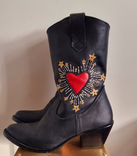 Montague Boots, Mid calf boots, Easy slide on, Handmade in Bali, Western Style, Pre- order, Shop for a Cause, Support SMEs, Love Local Sustainable Fashion, Sacred Circus, Black, Inspired by the star crossed lovers of Romeo and Juliet, Comfort, Stylish, Luxe, Staple in Every Fashion, Extra Edge, High-end, Premium, Adventure, Statement , Footwear, Sturdy, True to Size, Embroidery, Burning Heart, Personalized, Soft Leather Material.
