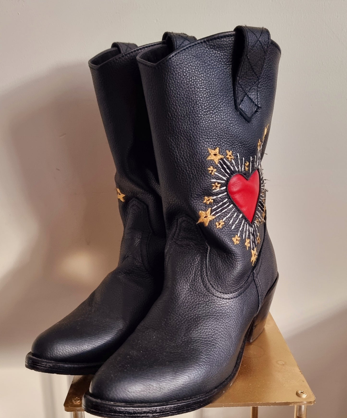 Montague Boots, Mid calf boots, Easy slide on, Handmade in Bali, Western Style, Pre- order, Shop for a Cause, Support SMEs, Love Local Sustainable Fashion, Sacred Circus, Black, Inspired by the star crossed lovers of Romeo and Juliet, Comfort, Stylish, Luxe, Staple in Every Fashion, Extra Edge, High-end, Premium, Adventure, Statement , Footwear, Sturdy, True to Size, Embroidery, Burning Heart, Personalized, Soft Leather Material.