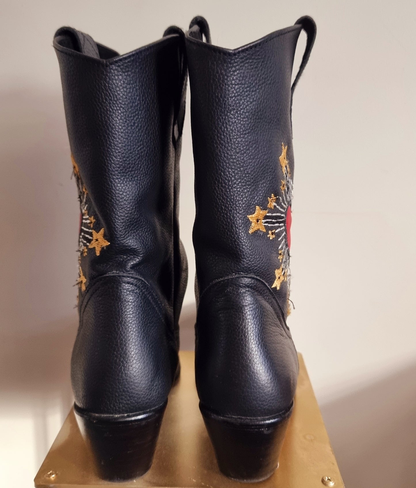 Montague Boots, Mid calf boots, Easy slide on, Handmade in Bali, Western Style, Pre- order, Shop for a Cause, Support SMEs, Love Local Sustainable Fashion, Sacred Circus, Black, Inspired by the star crossed lovers of Romeo and Juliet, Comfort, Stylish, Luxe, Staple in Every Fashion, Extra Edge, High-end, Premium, Adventure, Statement , Footwear, Sturdy, True to Size, Embroidery, Burning Heart, Personalized, Soft Leather Material.