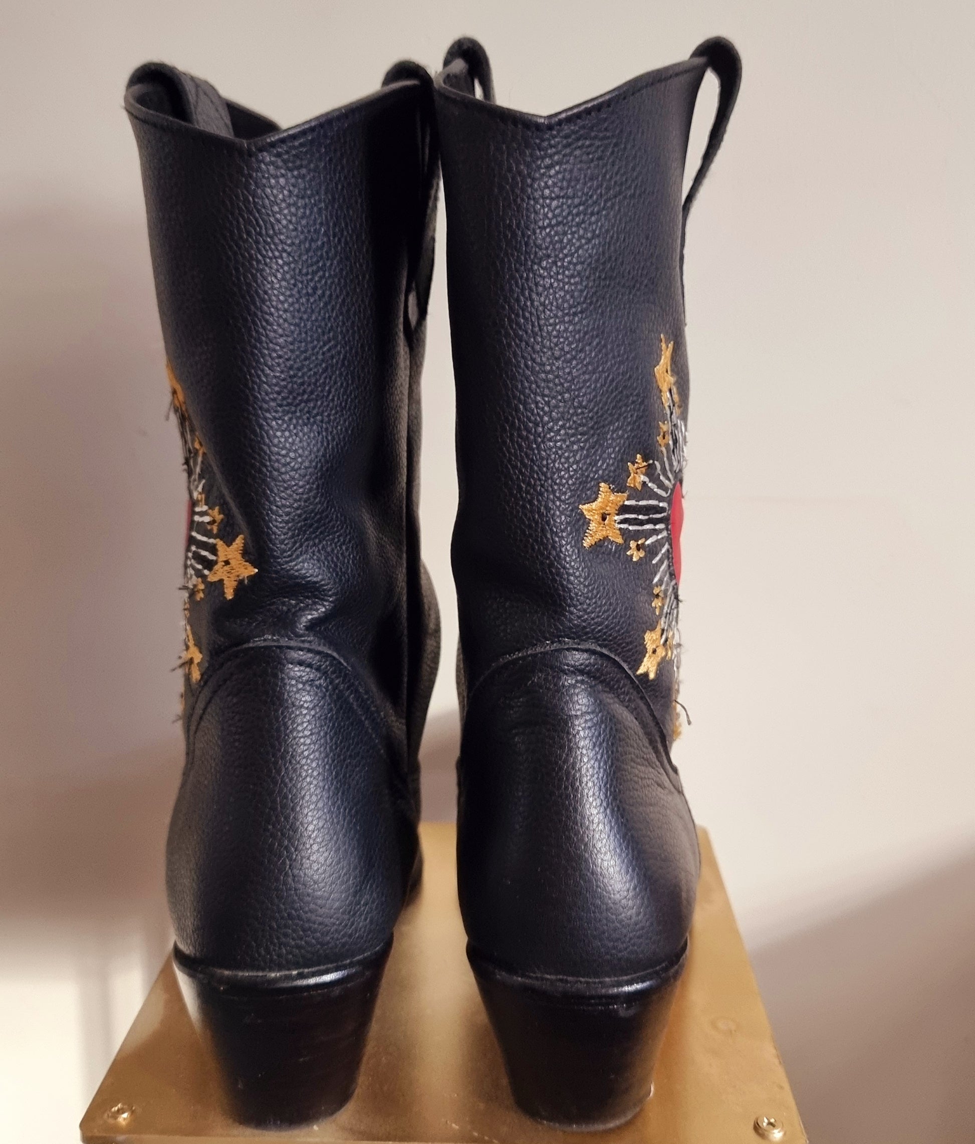 Montague Boots, Mid calf boots, Easy slide on, Handmade in Bali, Western Style, Pre- order, Shop for a Cause, Support SMEs, Love Local Sustainable Fashion, Sacred Circus, Black, Inspired by the star crossed lovers of Romeo and Juliet, Comfort, Stylish, Luxe, Staple in Every Fashion, Extra Edge, High-end, Premium, Adventure, Statement , Footwear, Sturdy, True to Size, Embroidery, Burning Heart, Personalized, Soft Leather Material.