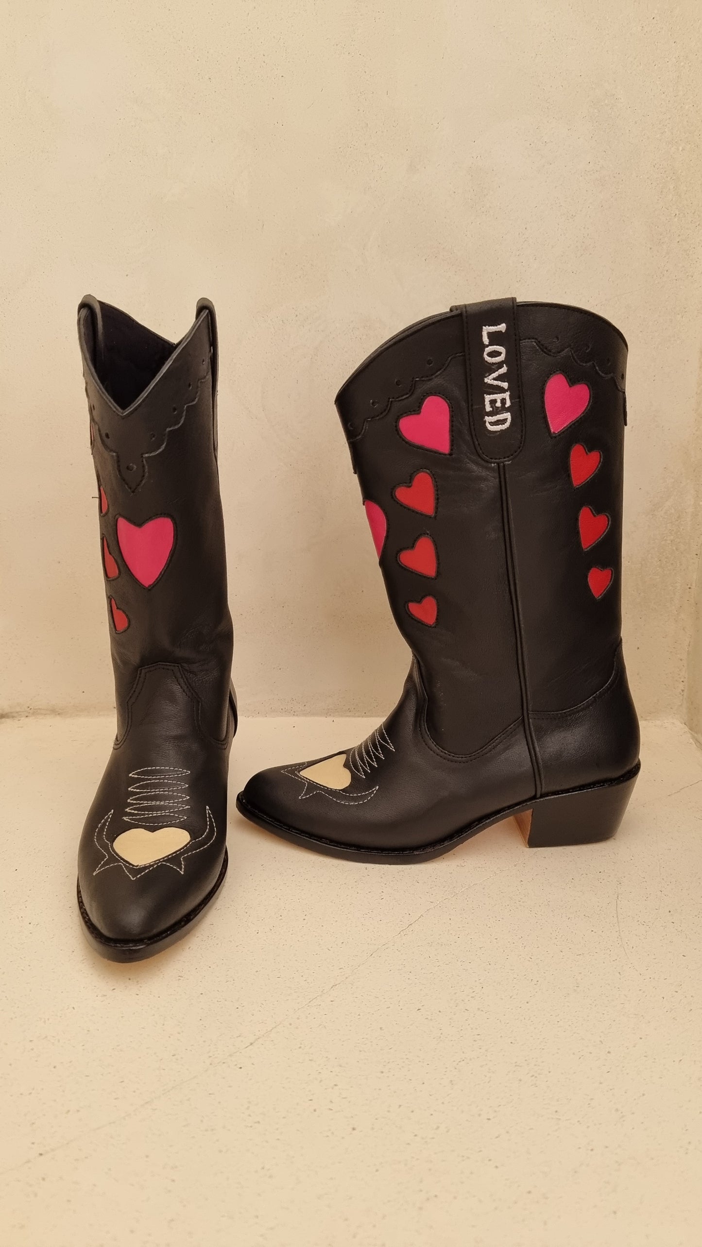 Lovers Embroidered Boots, Wide Ankle Slip On, Handmade in Bali, Western Style, Pre- order, Shop for a Cause, Support SMEs, Love Local, Sustainable Fashion, Sacred Circus, Hand Embroided detailing in love hearts, Comfort, Stylish, Luxe, Staple in Every Fashion, Extra Edge, High-end, Premium, Adventure, Statement , Footwear, Sturdy, True to Size, Embroidery, Personalized, Leather Material.