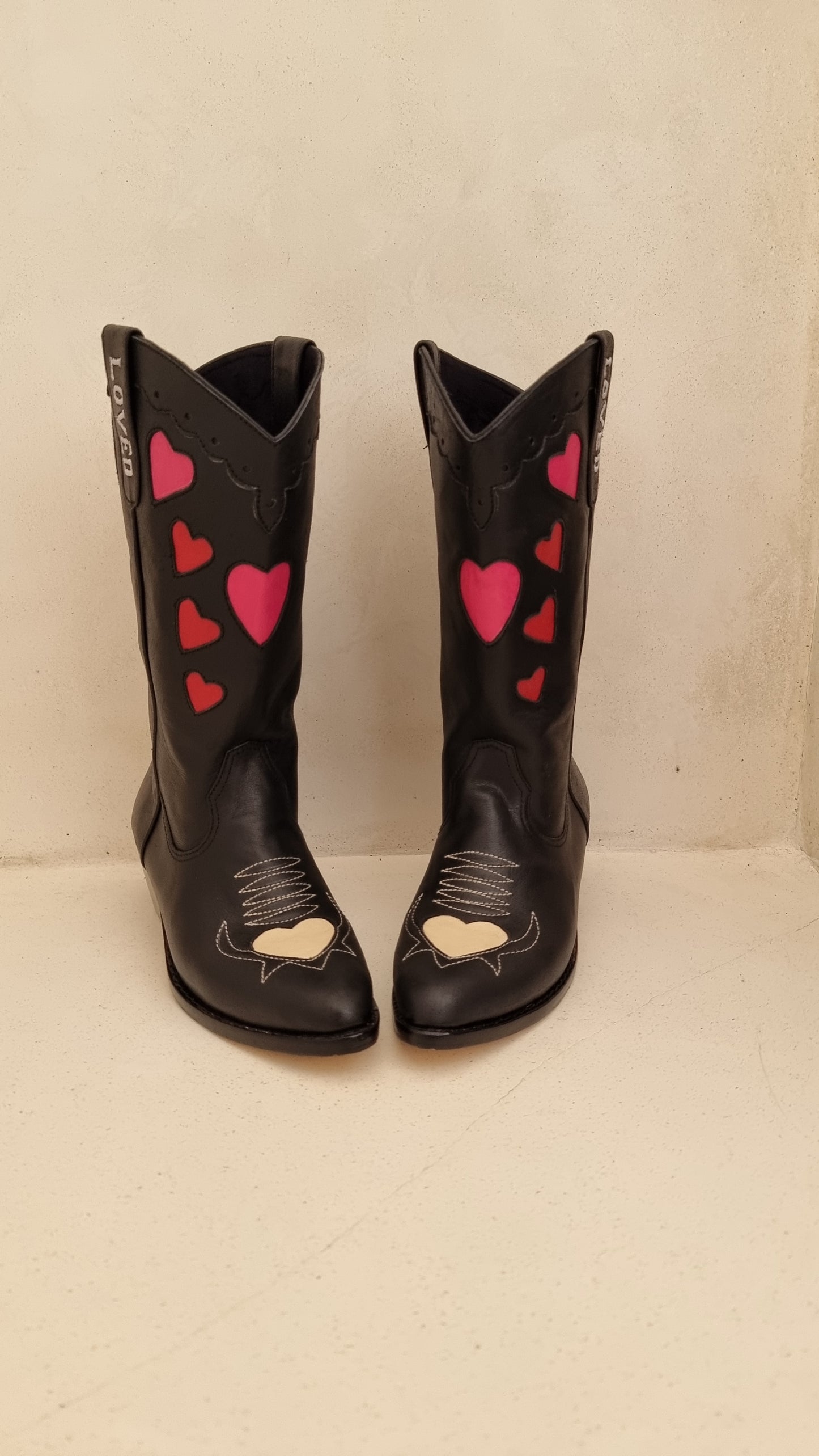 Lovers Embroidered Boots, Wide Ankle Slip On, Handmade in Bali, Western Style, Pre- order, Shop for a Cause, Support SMEs, Love Local, Sustainable Fashion, Sacred Circus, Hand Embroided detailing in love hearts, Comfort, Stylish, Luxe, Staple in Every Fashion, Extra Edge, High-end, Premium, Adventure, Statement , Footwear, Sturdy, True to Size, Embroidery, Personalized, Leather Material.