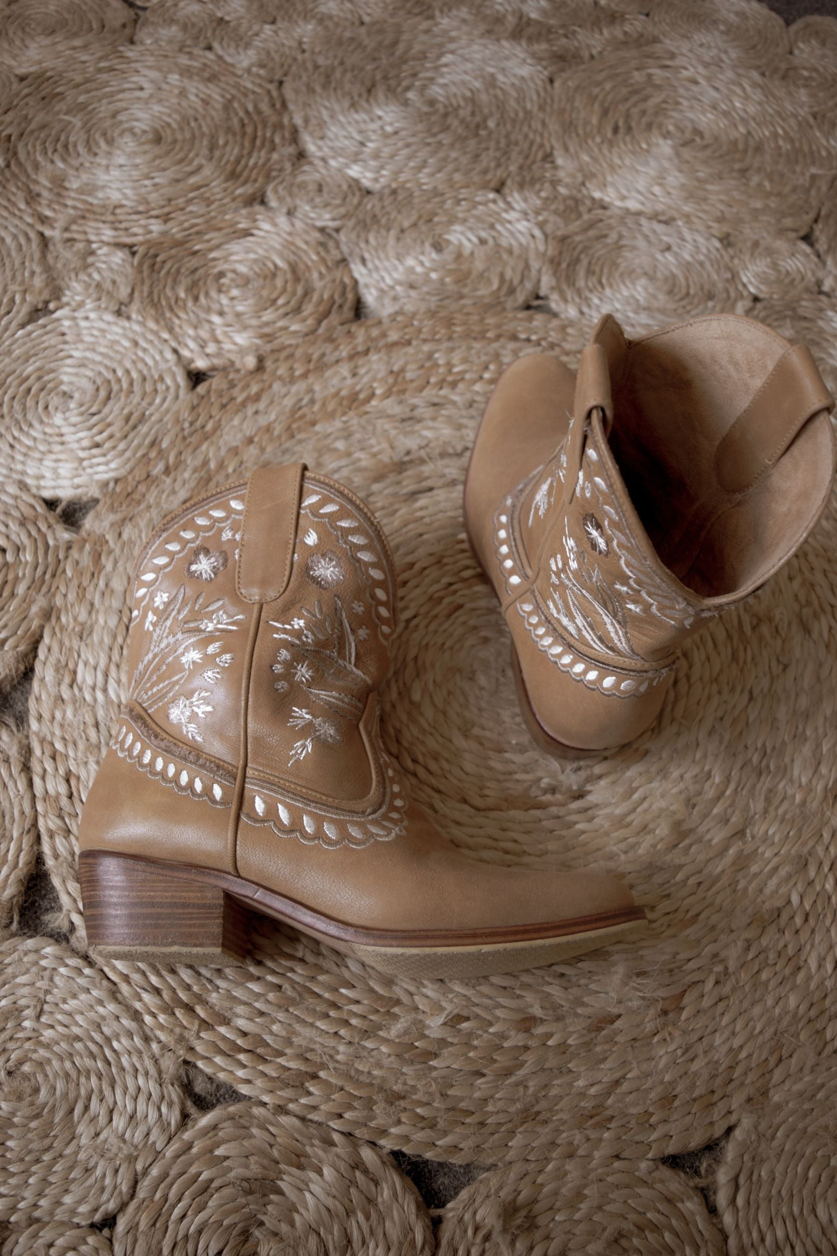 Wide ankle slip on western style boot, true to size, hand embroidered, brown, comfortable, shop for a cause, support SMEs, love local,  Sacred Circus, high-quality. 