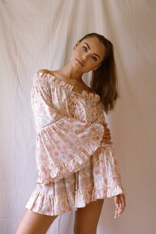 Boho Women's Dress Size Inclusive, Sustainable Fashion, Go Green, Pink, Flower, Spring Summer, Eco-friendly, Self-love, Quality, Sacred Circus, Long-sleeves, Angel Sleeves, Eco-friendly, Organic, Stylish, Classic, Sophisticated, Conserve, Luxe, High-End, Floral Print, Premium, Off-shoulder, Tassels, Girly