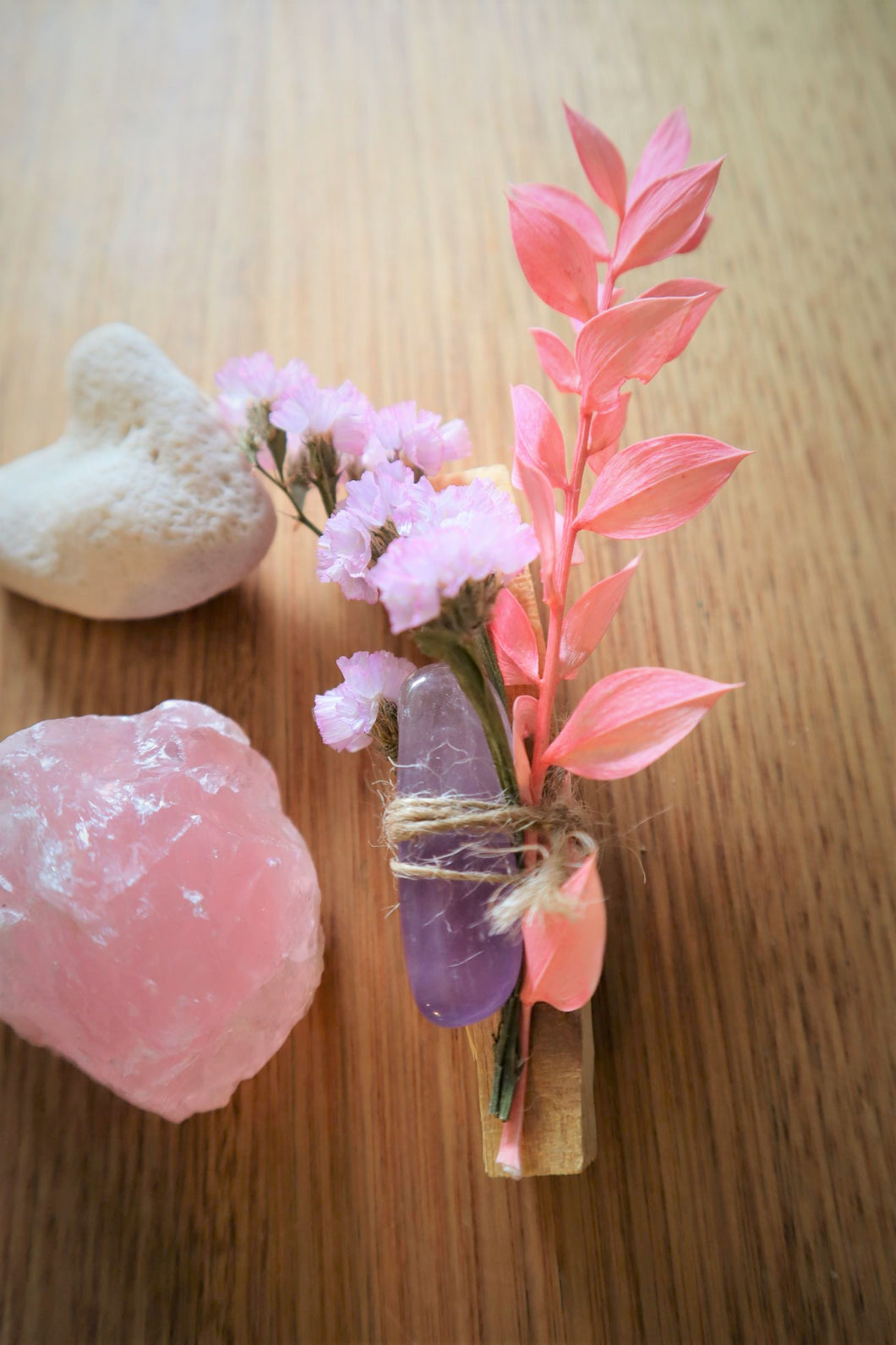 Peace Crystal, Handmade, Traditionally Used, Attracts Positive Energies, Creating Balance and Connection, Cleanse Yourself and Others, Cleanse Your Room, Materials, Palo Santo, Dried Wild Flowers, and Healing Amethyst. 