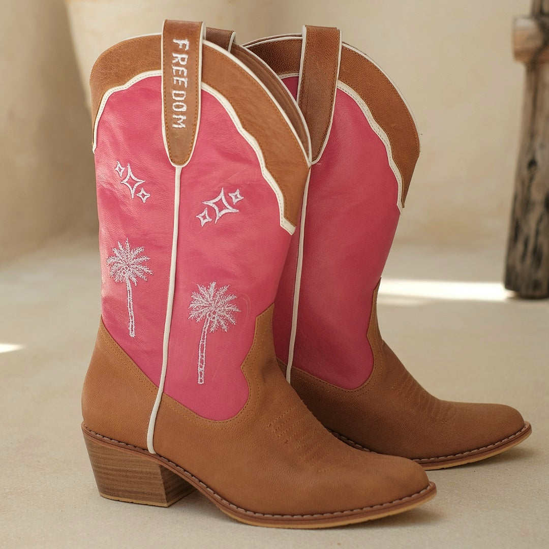 Paradise City Boots, Wide ankle slip on Boots, Handmade in Bali, Western Style, Pre- order, Shop for a Cause, Support SMEs, Love Local Sustainable Fashion, Sacred Circus, Black,  Embroided Palms and Stars, Comfort, Stylish, Luxe, Staple in Every Fashion, Extra Edge, High-end, Premium, Adventure, Statement , Footwear, Sturdy, True to Size, Embroidery, Personalized, Leather Material.