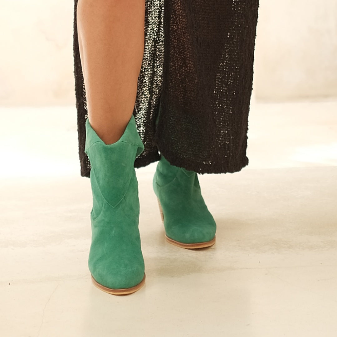 Green with Envy Boots, Wide Ankle Boots, Midi Boots, Foldable, Handmade in Bali, Western Style, Pre- order, Shop for a Cause, Support SMEs, Love Local, Sustainable Fashion, Sustainable Fashion, Sacred Circus, Customizable Colour, Comfort, Stylish, Luxe, Staple in Every Fashion, Extra Edge, High-end, Premium, Adventure, Statement , Footwear, Sturdy, True to Size, Embroidery, Personalized, Suede Material.