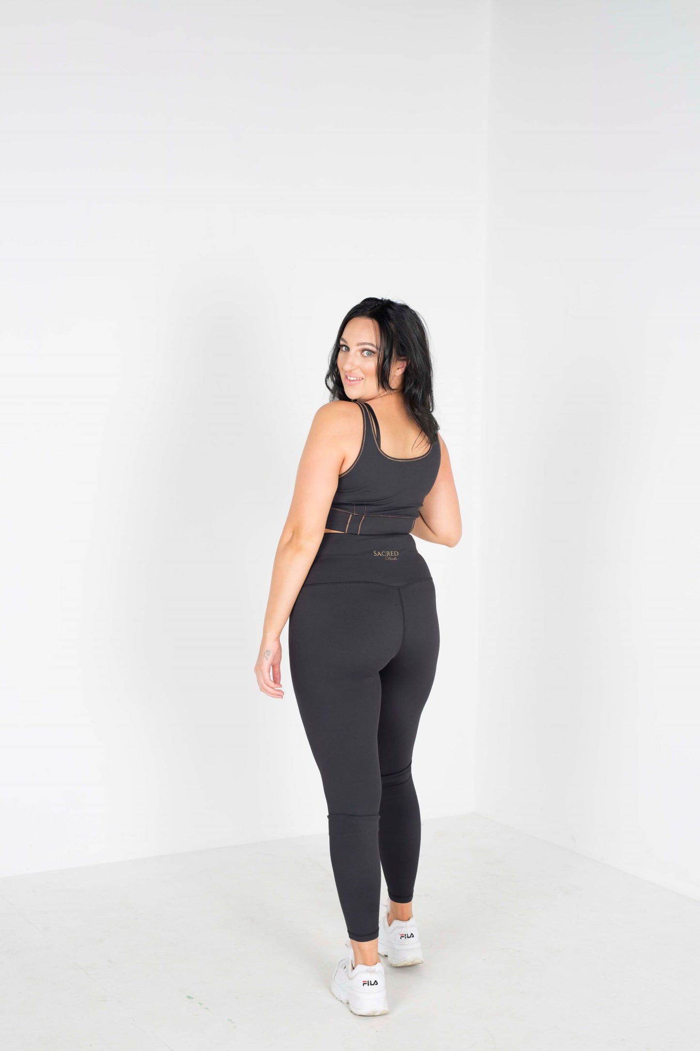 Eco-Luxe  or Eco-Lux Recycled Polyester active wear fabric, these women’s leggings are super soft, with a stunning matte black look, Size Inclusive, Sports wear, Gym Enthusiast, Yoga, Pilates, Fitness Fanatic, High-End, Plus -size, Eco-friendly, Organic, Stylish, Classic, Premium, Sacred Circus, Tight-fit, High-stretch, running, High waist, Everyday wear, comfortable, quality. 