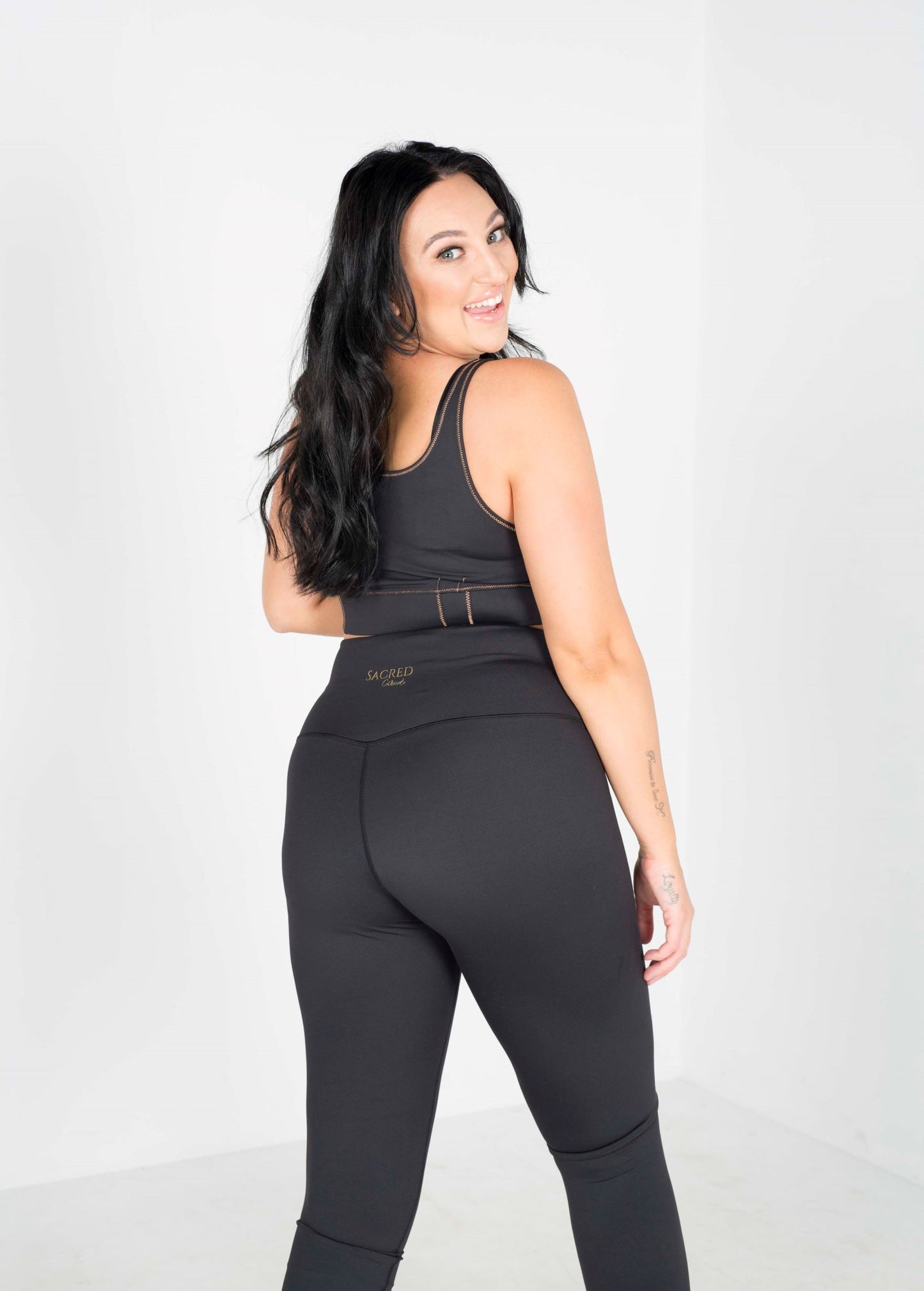 Eco-Luxe  or Eco-Lux Recycled Polyester active wear fabric, these women’s leggings are super soft, with a stunning matte black look, Size Inclusive, Sports wear, Gym Enthusiast, Yoga, Pilates, Fitness Fanatic, High-End, Plus -size, Eco-friendly, Organic, Stylish, Classic, Premium, Sacred Circus, Tight-fit, High-stretch, running, High waist, Everyday wear, comfortable, quality. 