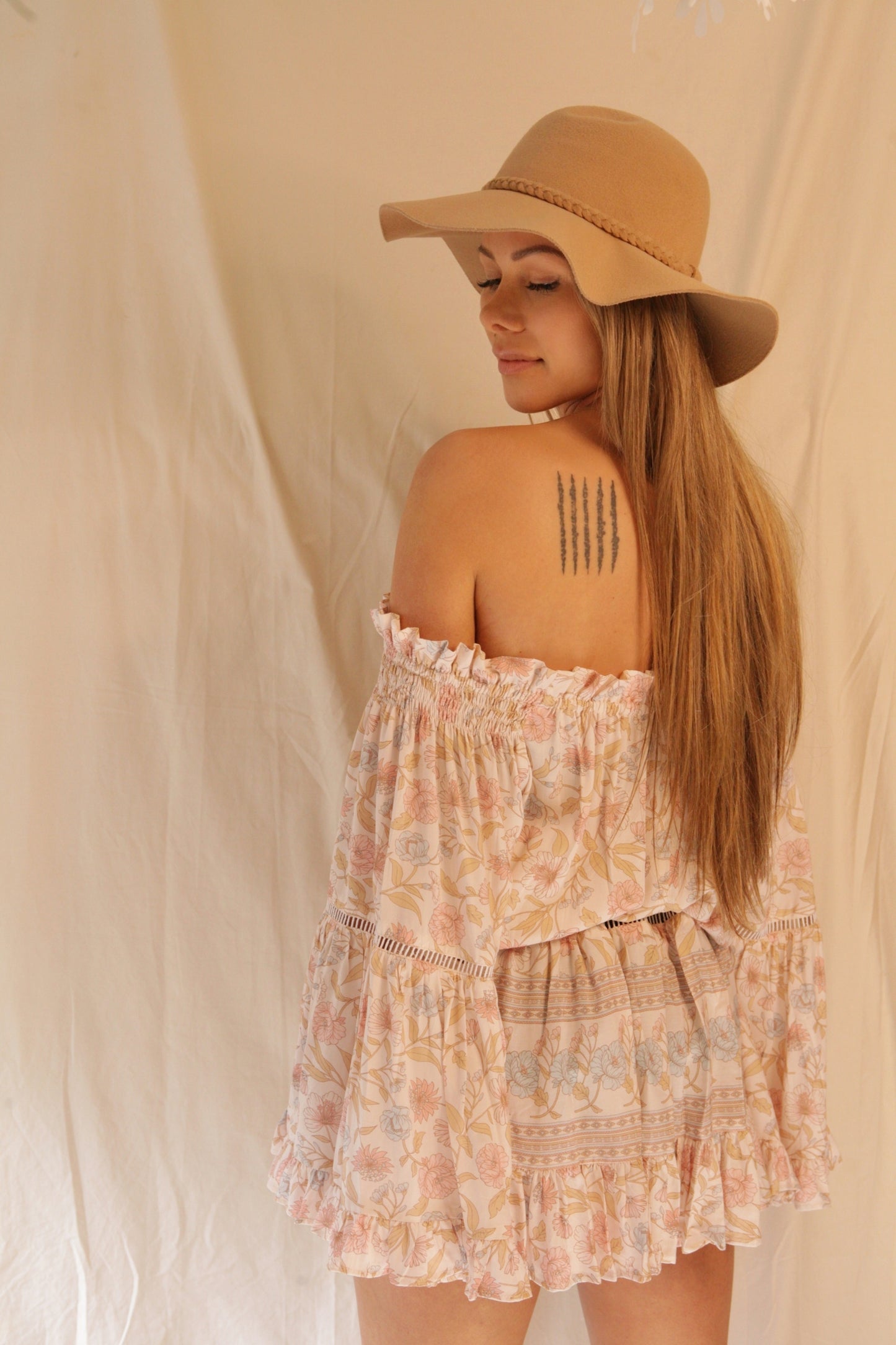 Boho Women's Dress Size Inclusive, Sustainable Fashion, Go Green, Pink, Flower, Spring Summer, Eco-friendly, Self-love, Quality, Sacred Circus, Long-sleeves, Angel Sleeves, Eco-friendly, Organic, Stylish, Classic, Sophisticated, Conserve, Luxe, High-End, Floral Print, Premium, Off-shoulder, Tassels, Girly