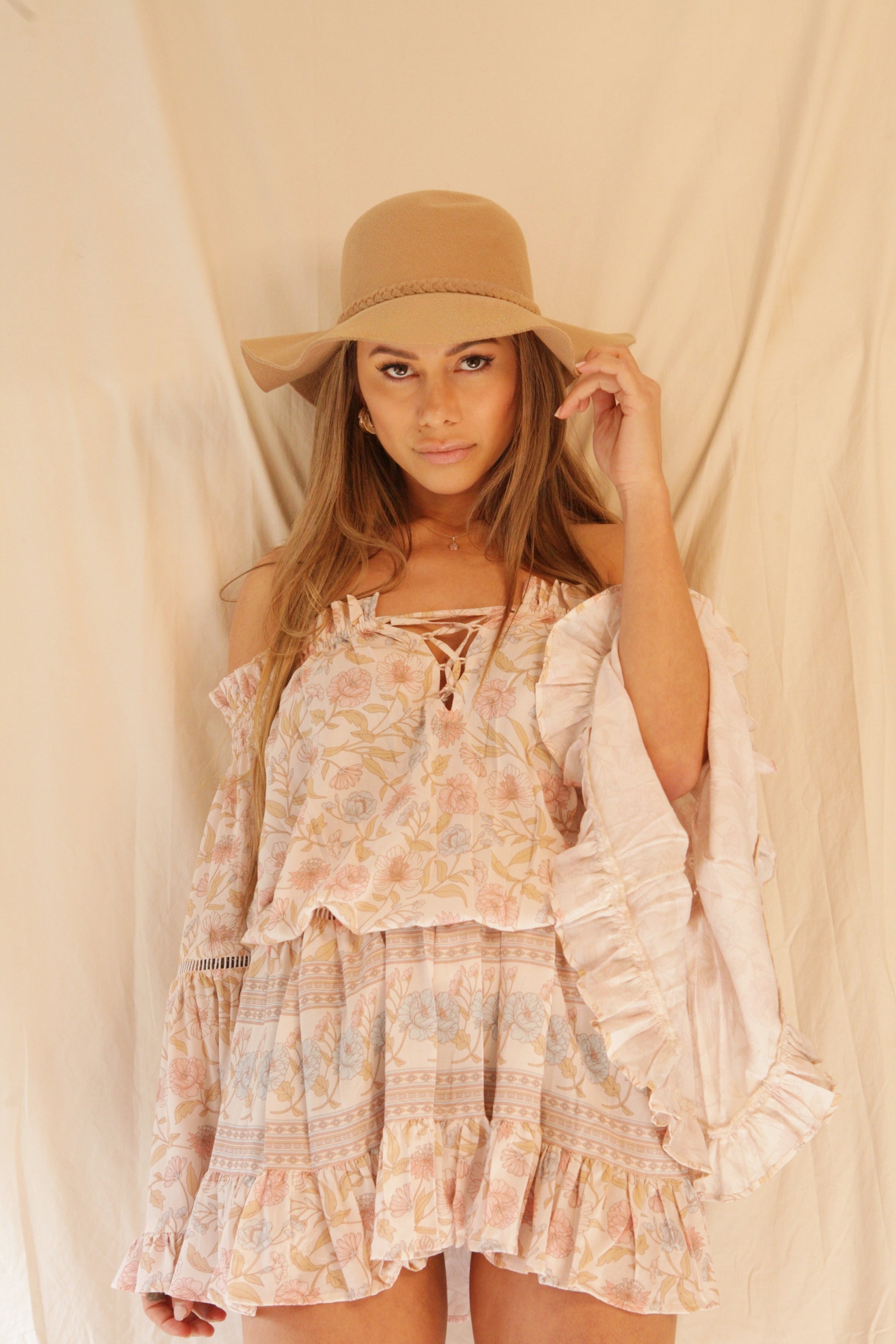 Boho Women's Dress Size Inclusive, Sustainable Fashion, Go Green, Pink, Flower, Spring Summer, Eco-friendly, Self-love, Quality, Sacred Circus, Long-sleeves, Angel Sleeves, Eco-friendly, Organic, Stylish, Classic, Sophisticated, Conserve, Luxe, High-End, Floral Print, Premium, Off-shoulder, Tassels, Girly