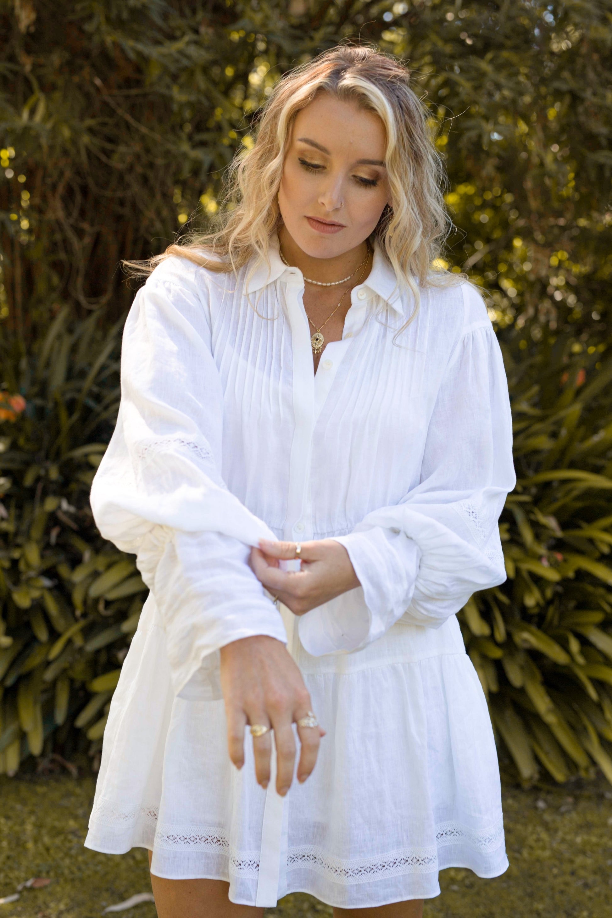 Women’s Dress, Blouson poetic sleeve, High Neckline, Covered Buttons, Elastic Waist, Detailed Lace Trim, Includes a separate 100% cotton nude slip dress, that can be worn as additional lining, Plus Size, Sustainable Fashion, Fashionable, Go Green, Spring Summer, Eco-friendly, Quality, Sacred Circus, Long Sleeves, White, Eco-friendly, Organic, Stylish, Sophisticated, Conserve, Luxe, High-End, Premium, Soft linen Fabric.